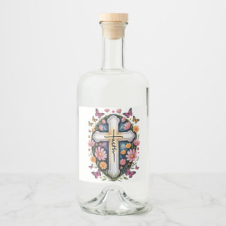 Floral Faith Cross  Liquor Bottle Label