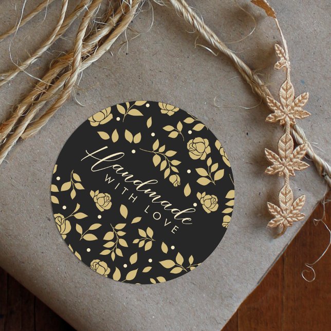 Floral Fake Golden Black Handmade Support Classic Round Sticker (Creator Uploaded)
