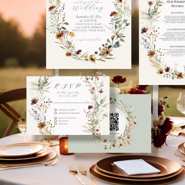 Floral Fall BOHO Wildflower Ivory QR code Wedding RSVP Card (Creator Uploaded)