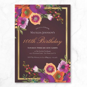 Floral Fall Burgundy 100th Birthday Party Invitation