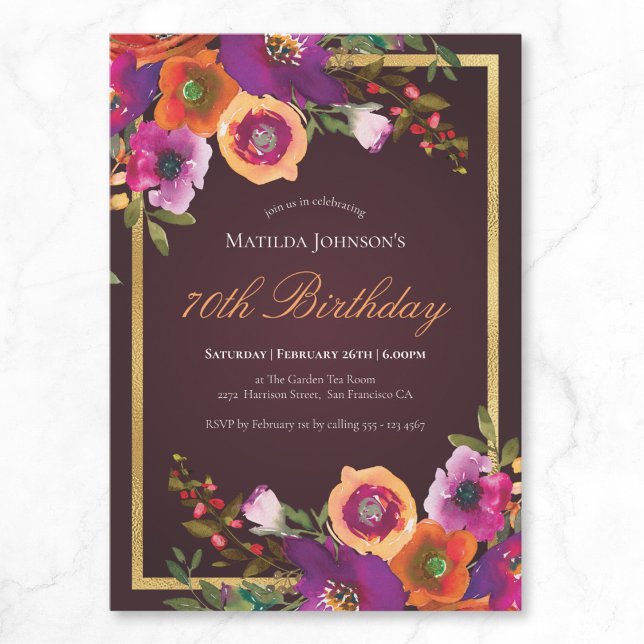 Floral Fall Burgundy 70th Birthday Party Invitation (Floral Fall Burgundy 70th Birthday Party Invitation)