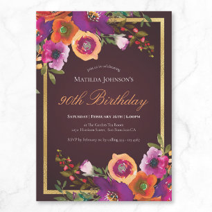 Floral Fall Burgundy 90th Birthday Party Invitation