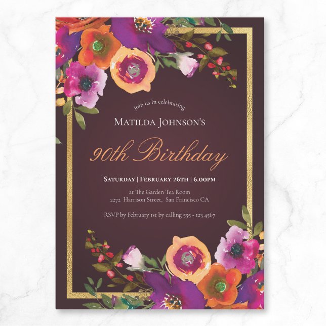 Floral Fall Burgundy 90th Birthday Party Invitation (Floral Fall Burgundy 90th Birthday Party Invitation)