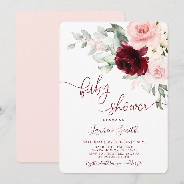 Floral Fall Burgundy blush Baby Shower Invitation (Front/Back)
