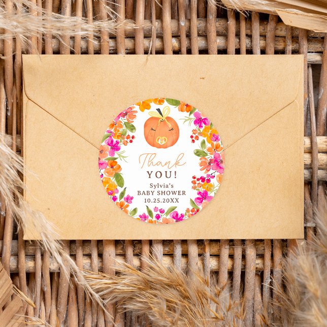Floral Fall cute little pumpkin baby shower Classic Round Sticker (Floral Fall cute little pumpkin baby shower Classic Round Sticker)