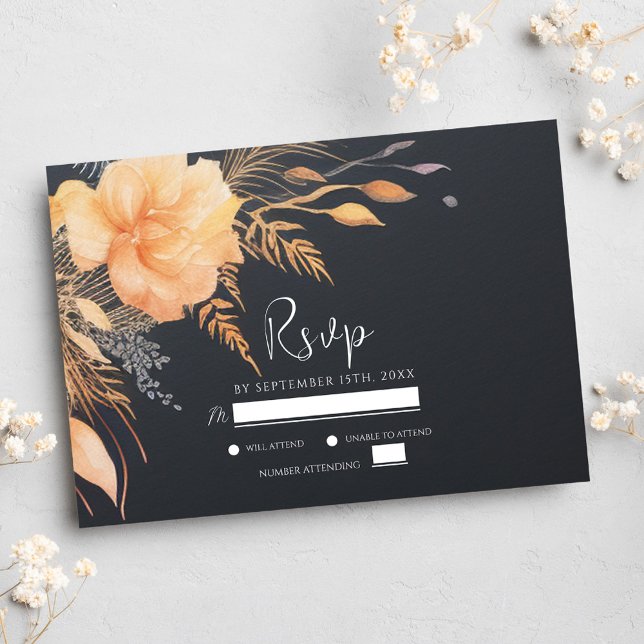 Floral Fall Elegant Black Wedding RSVP Card (Floral Fall Elegant Black Wedding RSVP Card)