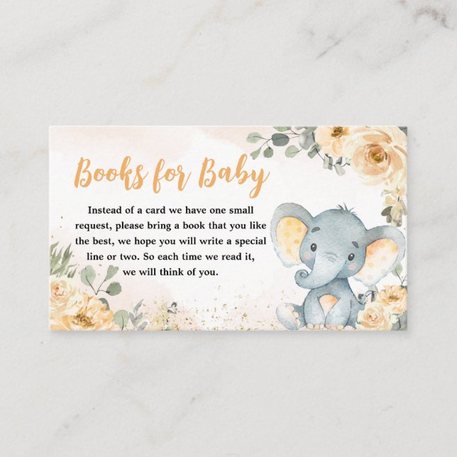 Floral Fall Elephant Baby Shower Books for Baby Enclosure Card (Front)