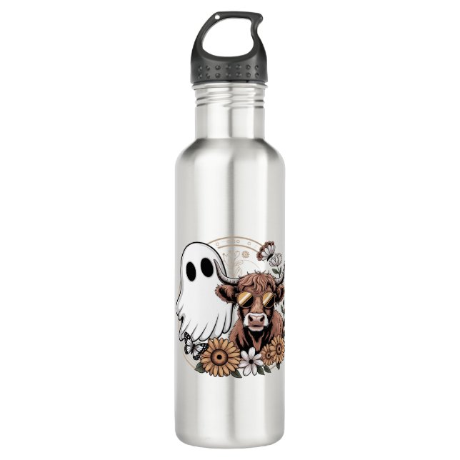 Floral Fall Highland Cow Ghost 710 Ml Water Bottle (Front)