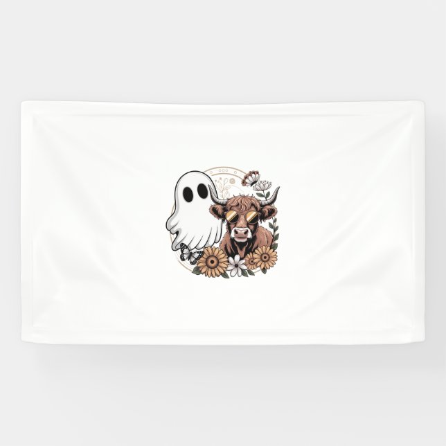 Floral Fall Highland Cow Ghost Banner (Horizontal)