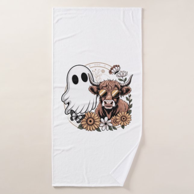 Floral Fall Highland Cow Ghost Bath Towel (Bath Towel)