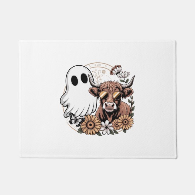 Floral Fall Highland Cow Ghost Doormat (Front)