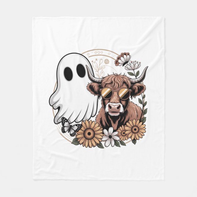 Floral Fall Highland Cow Ghost Fleece Blanket (Front)