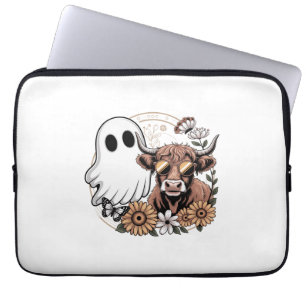 Floral Fall Highland Cow Ghost Laptop Sleeve