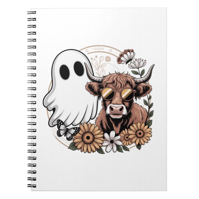Floral Fall Highland Cow Ghost Notebook (Front)