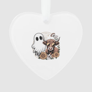 Floral Fall Highland Cow Ghost Ornament