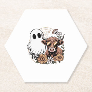 Floral Fall Highland Cow Ghost Paper Coaster
