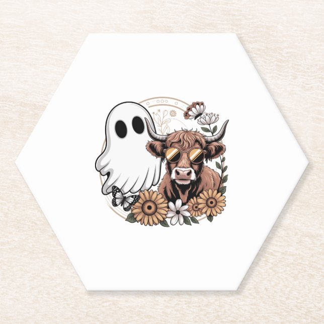 Floral Fall Highland Cow Ghost Paper Coaster (Front)