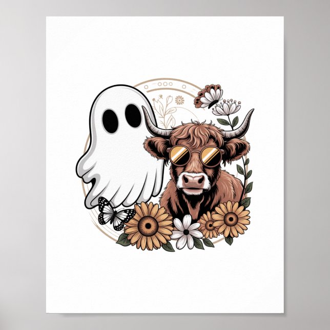 Floral Fall Highland Cow Ghost Poster (Front)