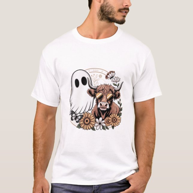 Floral Fall Highland Cow Ghost T-Shirt (Front)