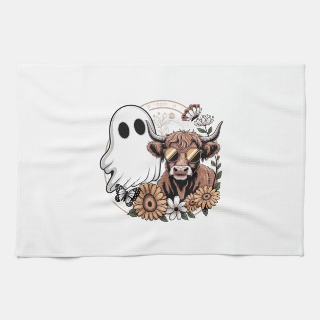 Floral Fall Highland Cow Ghost Tea Towel (Horizontal)