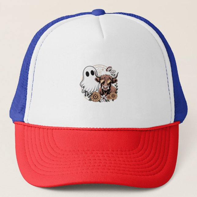 Floral Fall Highland Cow Ghost Trucker Hat (Front)