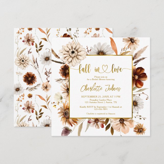 Floral Fall In Love Terracotta Gold Bridal Shower Invitation (Front/Back)