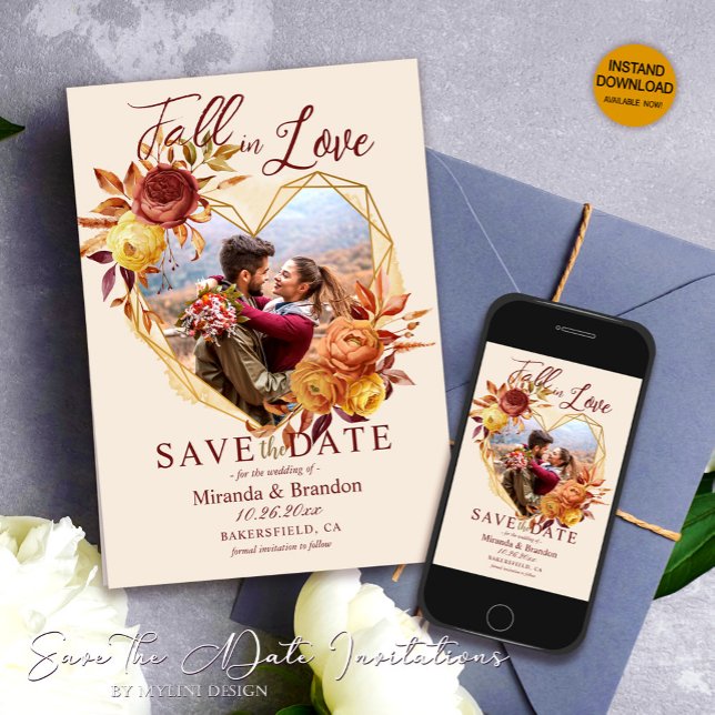 Floral Fall in Love Wedding Photo Save the Date Invitation (Creator Uploaded)
