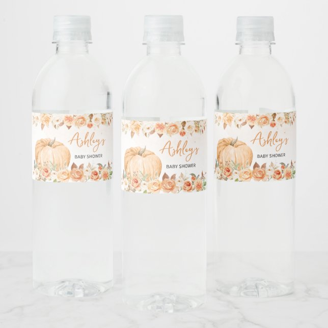 Floral Fall Little Pumpkin Baby Shower Water Bottle Label (Bottles)