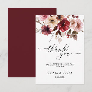 Floral Fall Maroon Rustic Fall Leaves Wedding Thank You Card