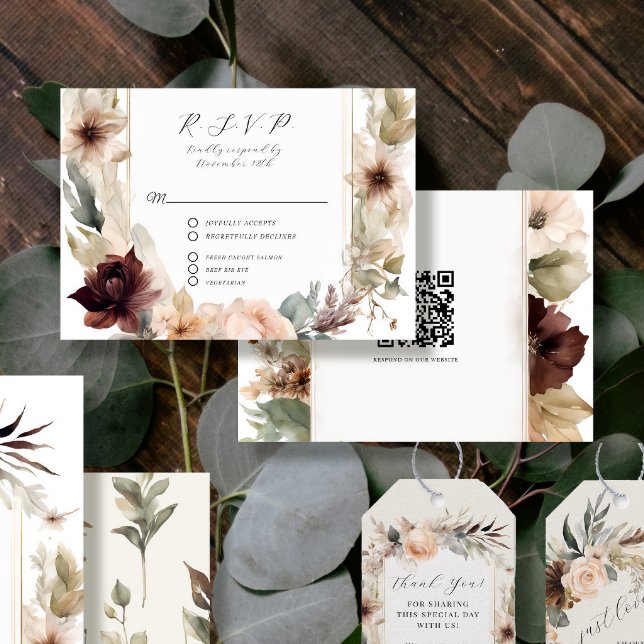 Floral Fall Muted Rose Peony Peach QR code Wedding RSVP Card (Creator Uploaded)