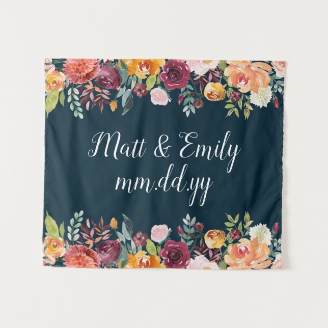Floral Fall Photo Booth Prop Navy Wedding Backdrop Tapestry (Front (Horizontal))