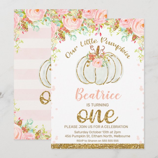 Floral Fall Pumpkin 1st Birthday Invitation (Front/Back)