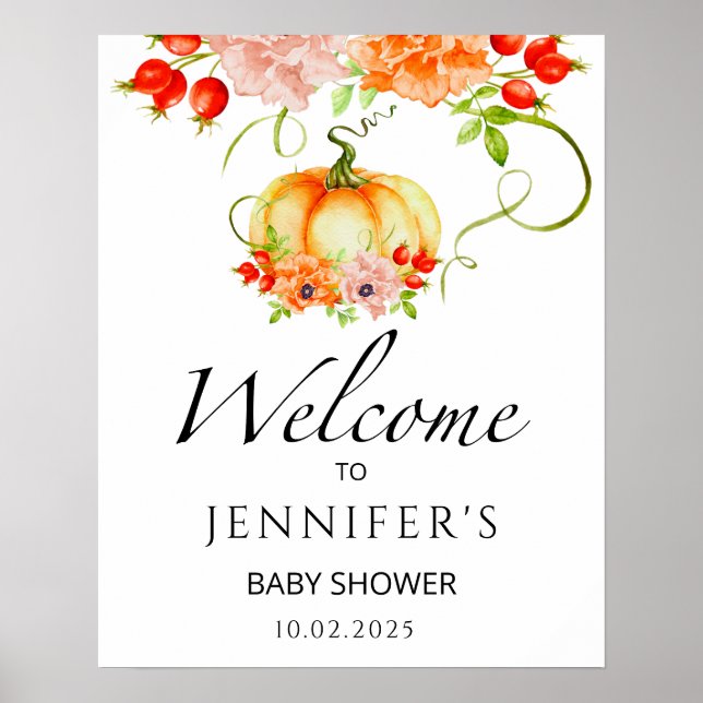 Floral fall pumpkin baby shower welcome poster (Front)