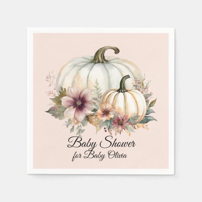 Floral Fall Pumpkin Blush Pink Baby Girl Shower Napkin (Front)