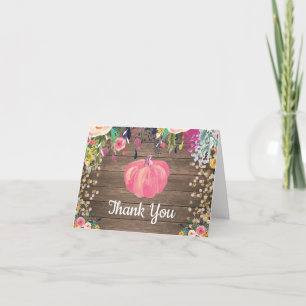 Floral Fall Pumpkin Burlap Pink Gold Glitter Thank You Card