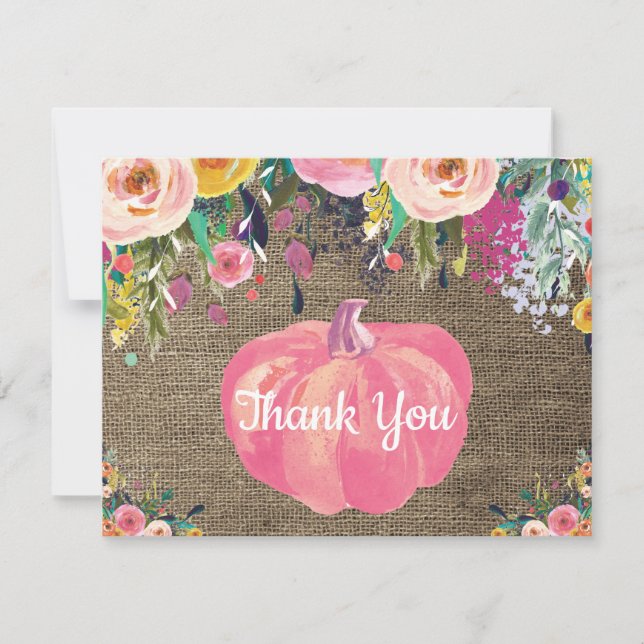 Floral Fall Pumpkin Burlap Thank You Card (Front)