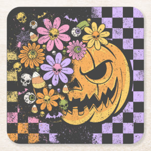 Floral Fall Pumpkin Halloween Square Paper Coaster