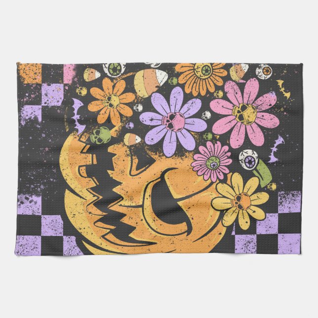 Floral Fall Pumpkin Halloween Tea Towel (Horizontal)