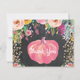 Floral Fall Pumpkin Pink Gold Glitter Confetti Thank You Card