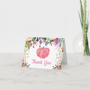 Floral Fall Pumpkin Pink Gold Glitter Confetti Thank You Card