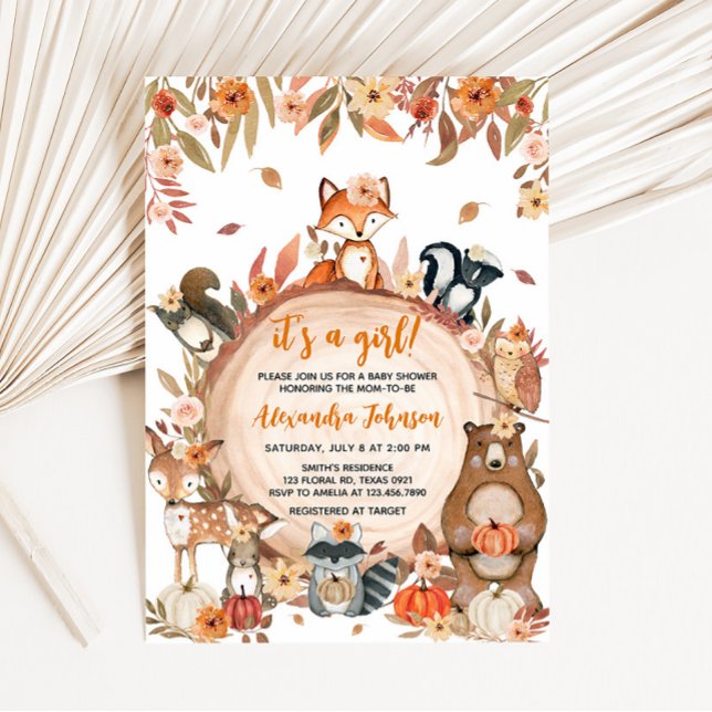 Floral Fall Pumpkin Woodland Baby Shower  Invitation (Floral Pumpkin Wood Slice Baby Shower )