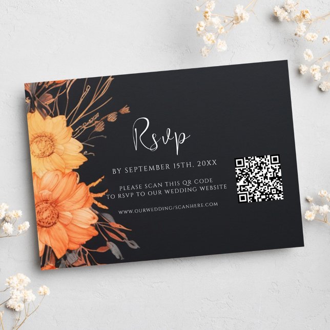 Floral Fall QR Code Black Wedding RSVP Card (Floral Fall QR Code Black Wedding RSVP Card)