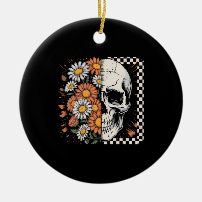 Floral Fall Skeleton Boho Halloween Ceramic Tree Decoration (Front)