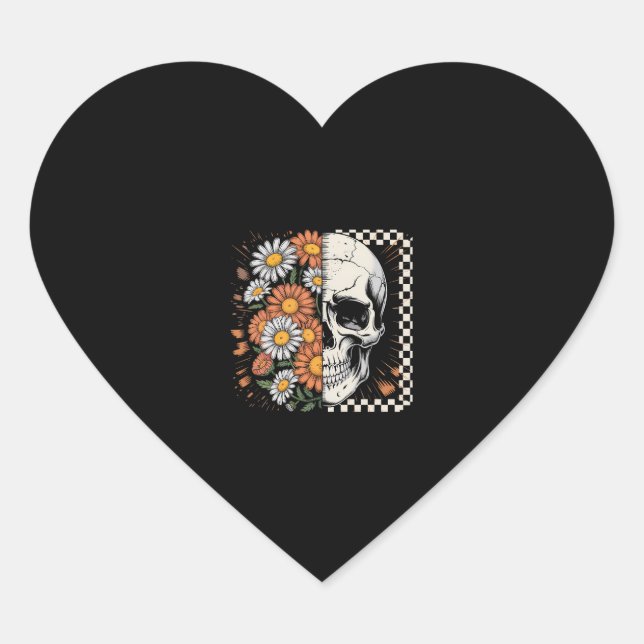 Floral Fall Skeleton Boho Halloween Heart Sticker (Front)