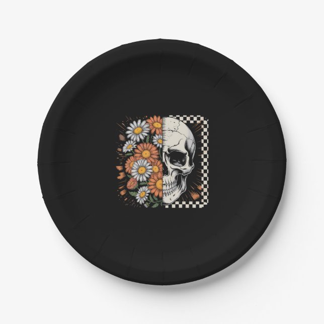 Floral Fall Skeleton Boho Halloween Paper Plate (Front)