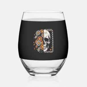 Floral Fall Skeleton Boho Halloween Stemless Wine Glass