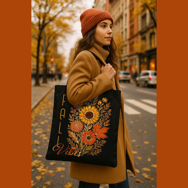 Floral Fall Vibes-Gold Outlined Modern Typography Tote Bag (Creator Uploaded)