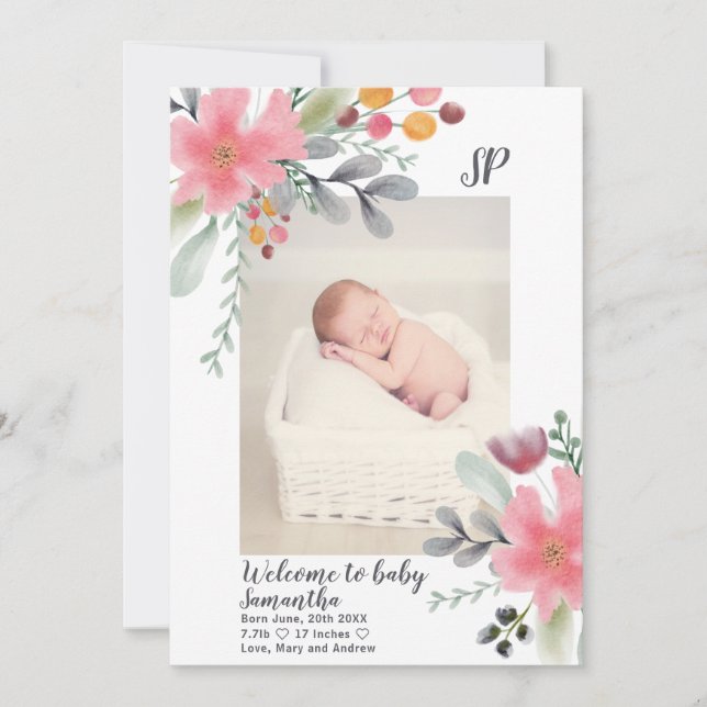 Floral fall watercolor pink photo baby birth announcement (Front)