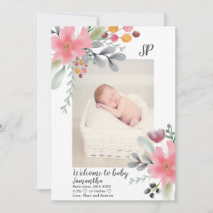 Floral fall watercolor pink photo baby birth announcement