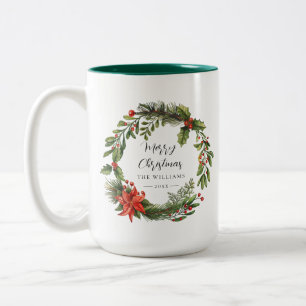 Floral Family Christmas Red Berries Two-Tone Coffee Mug